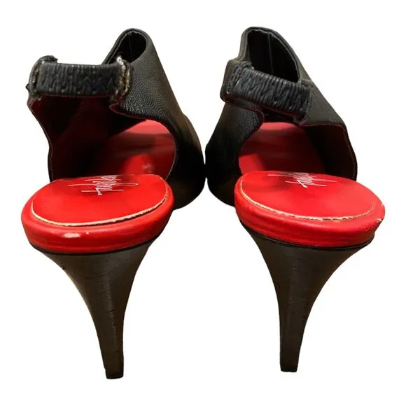 Taylor Says Black Paige Size 7.5M Slingback Skull Graphic Peep Toe Heels