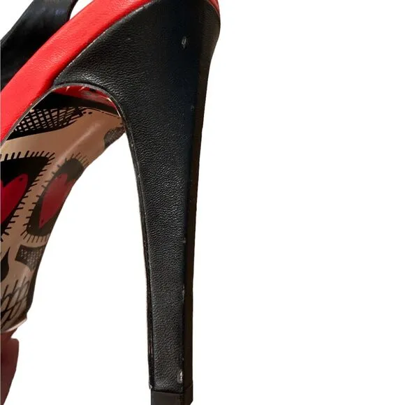 Taylor Says Black Paige Size 7.5M Slingback Skull Graphic Peep Toe Heels