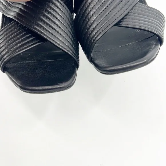 The Kooples Ribbed Leather Criss Cross Block Heel Sandal Mules size 39 8 Black