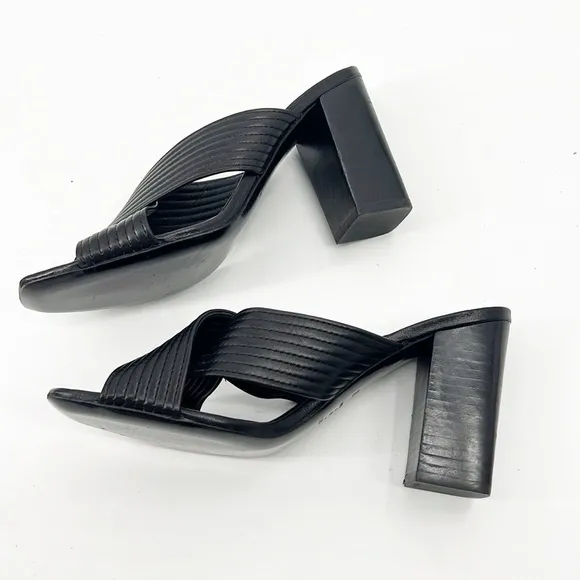 The Kooples Ribbed Leather Criss Cross Block Heel Sandal Mules size 39 8 Black