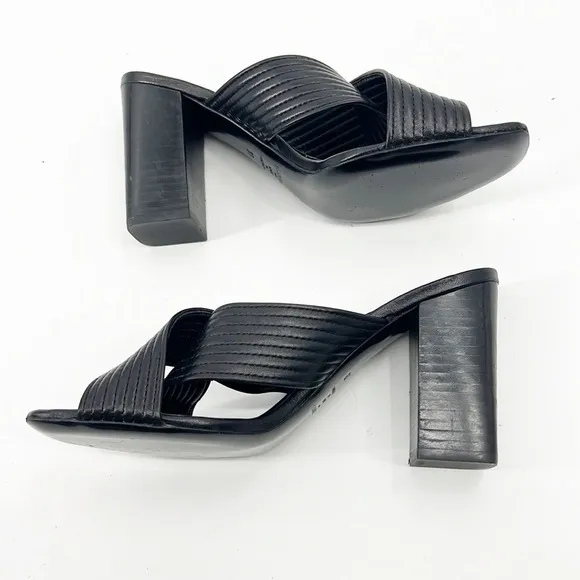 The Kooples Ribbed Leather Criss Cross Block Heel Sandal Mules size 39 8 Black