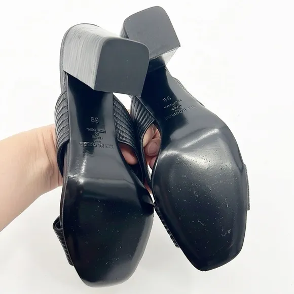 The Kooples Ribbed Leather Criss Cross Block Heel Sandal Mules size 39 8 Black