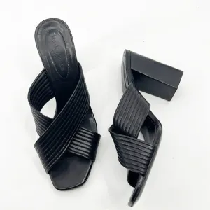 The Kooples Ribbed Leather Criss Cross Block Heel Sandal Mules size 39 8 Black