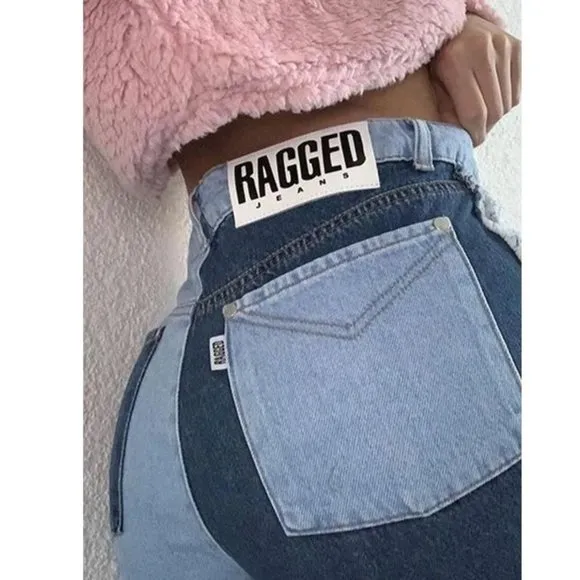 The Ragged Priest patchwork colorblock high waisted denim mom jeans