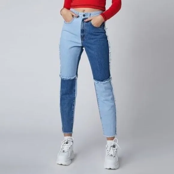 The Ragged Priest patchwork colorblock high waisted denim mom jeans