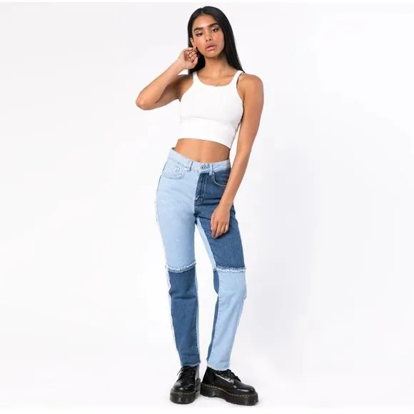 The Ragged Priest patchwork colorblock high waisted denim mom jeans