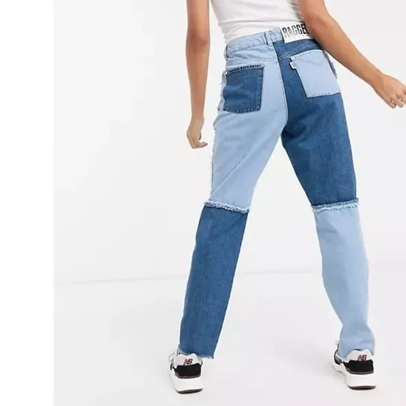 The Ragged Priest patchwork colorblock high waisted denim mom jeans