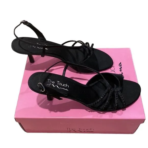 The Touch of Nina Geena Sz 9.5 9 1/2 kitten heel sandal Black Bling Open Toe low