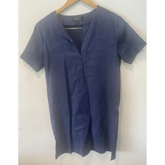 THEORY FRONT SLIT LINEN BLEND SHIFT DRESS CRUNCH Navy Size S $325