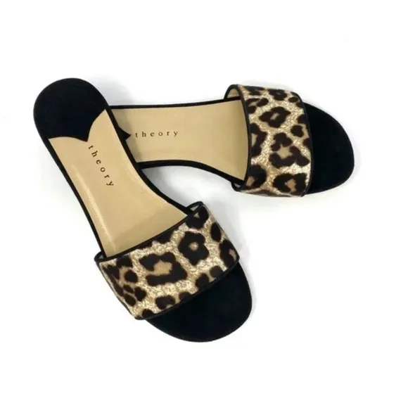 Theory Jasper Cheetah Slide Sandal Mules Black Size 6.5 NWT in Box