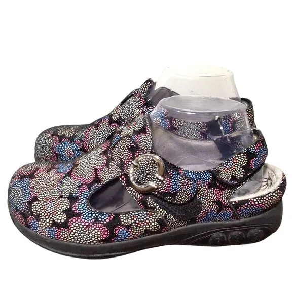 THERAFIT Chloe Flower Adjustable Leather Floral Print Mary Jane Clogs 37 6.5 - 7