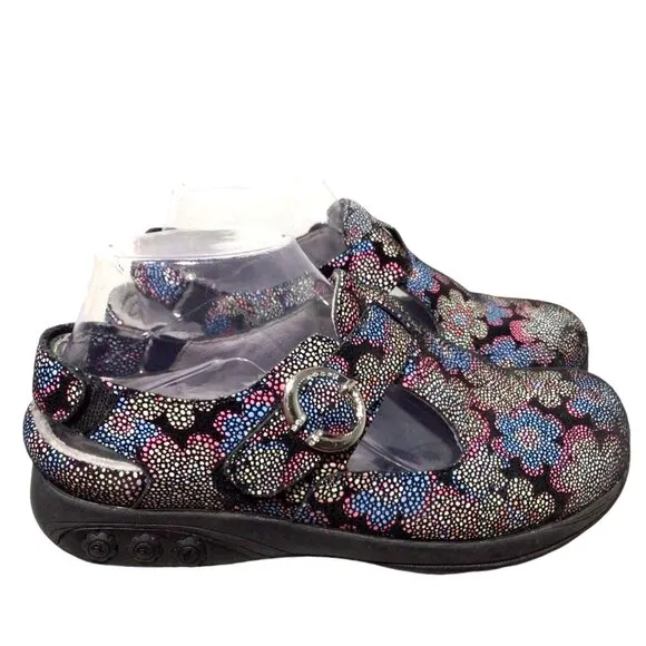 THERAFIT Chloe Flower Adjustable Leather Floral Print Mary Jane Clogs 37 6.5 - 7