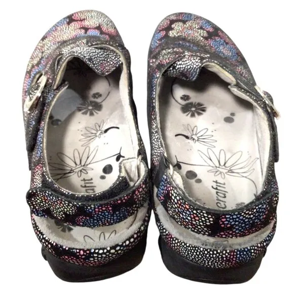 THERAFIT Chloe Flower Adjustable Leather Floral Print Mary Jane Clogs 37 6.5 - 7