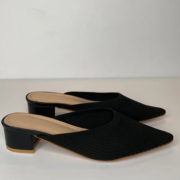 TIJN black knit chunk low heel mules NWOT