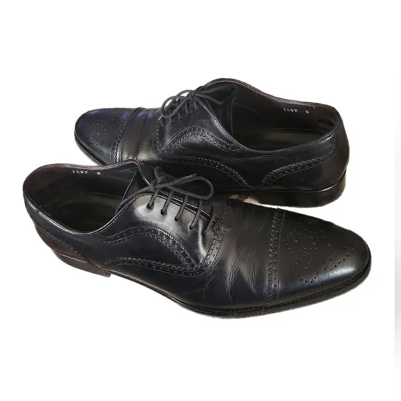 TO BOOT NEW YORK ADAM DERRICK BLACK LEATHER WING TIP CAP TOE OXFORDS SIZE 9