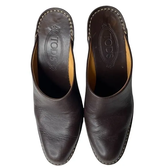 Tod’s Brown Leather Heel Mules. Size 37 1/2