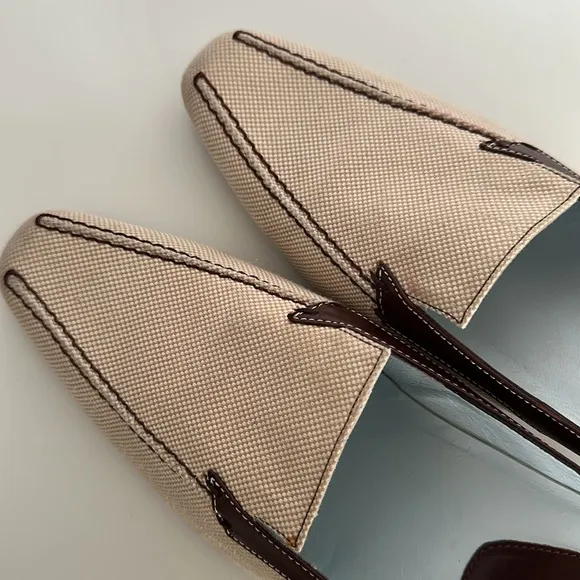 Tod's Brown Leather Tan Canvas Mules LoaferKitten Heel Neutral Women EU 39 US 8