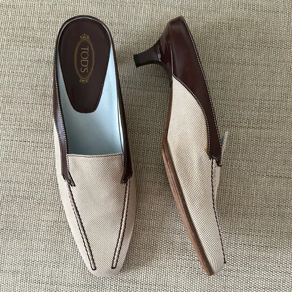 Tod's Brown Leather Tan Canvas Mules LoaferKitten Heel Neutral Women EU 39 US 8