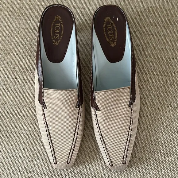 Tod's Brown Leather Tan Canvas Mules LoaferKitten Heel Neutral Women EU 39 US 8
