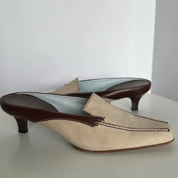 Tod's Brown Leather Tan Canvas Mules LoaferKitten Heel Neutral Women EU 39 US 8