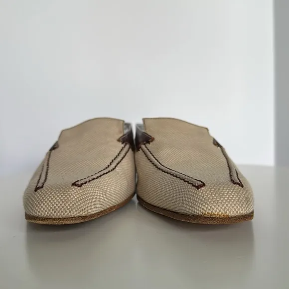 Tod's Brown Leather Tan Canvas Mules LoaferKitten Heel Neutral Women EU 39 US 8