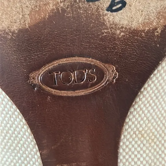 Tod's Brown Leather Tan Canvas Mules LoaferKitten Heel Neutral Women EU 39 US 8