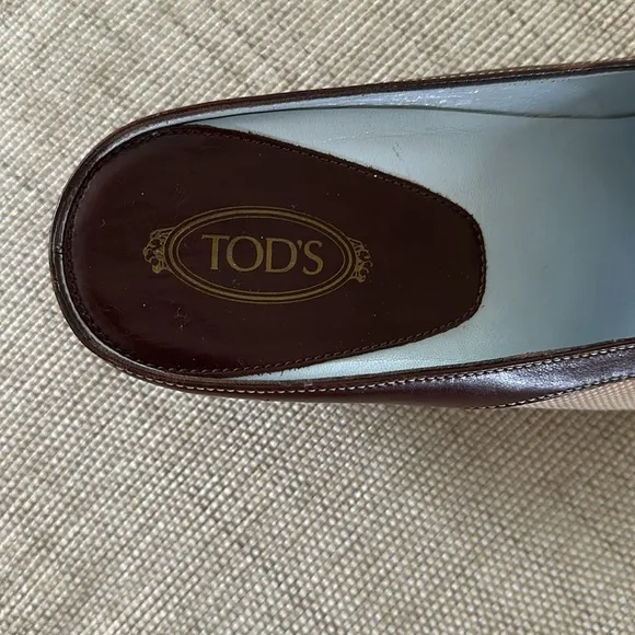 Tod's Brown Leather Tan Canvas Mules LoaferKitten Heel Neutral Women EU 39 US 8