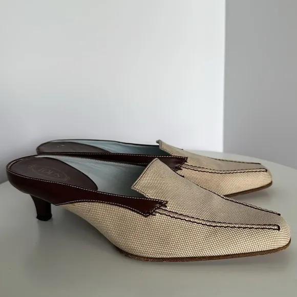 Tod's Brown Leather Tan Canvas Mules LoaferKitten Heel Neutral Women EU 39 US 8