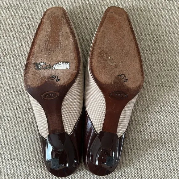 Tod's Brown Leather Tan Canvas Mules LoaferKitten Heel Neutral Women EU 39 US 8