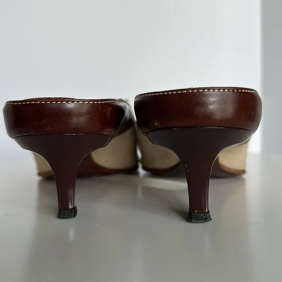 Tod's Brown Leather Tan Canvas Mules LoaferKitten Heel Neutral Women EU 39 US 8