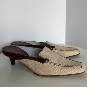 Tod's Brown Leather Tan Canvas Mules LoaferKitten Heel Neutral Women EU 39 US 8