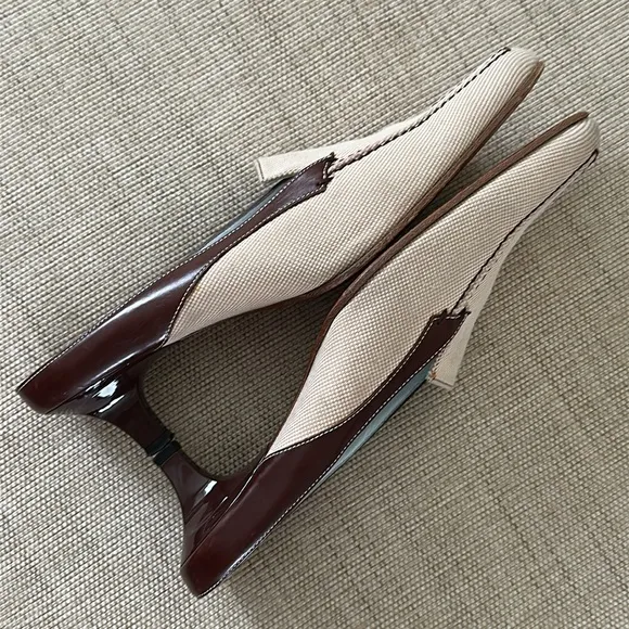 Tod's Brown Leather Tan Canvas Mules LoaferKitten Heel Neutral Women EU 39 US 8