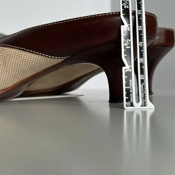 Tod's Brown Leather Tan Canvas Mules LoaferKitten Heel Neutral Women EU 39 US 8
