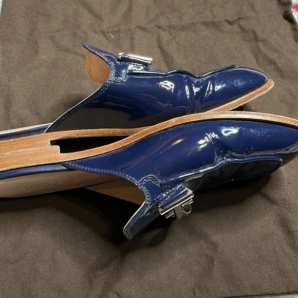 Tod's Navy Patent Leather Double T Mules