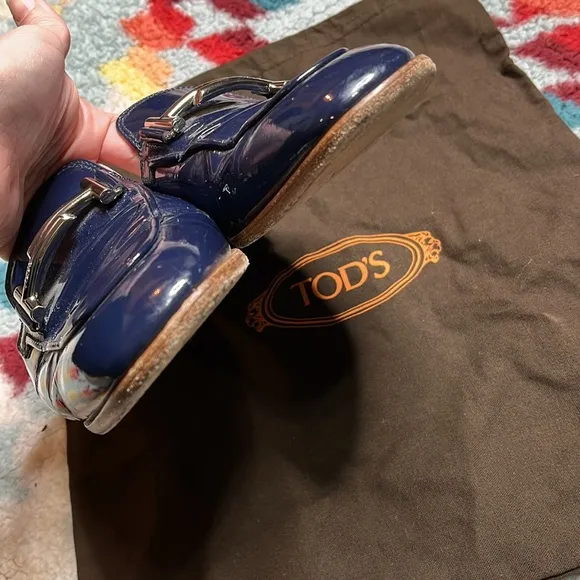 Tod's Navy Patent Leather Double T Mules