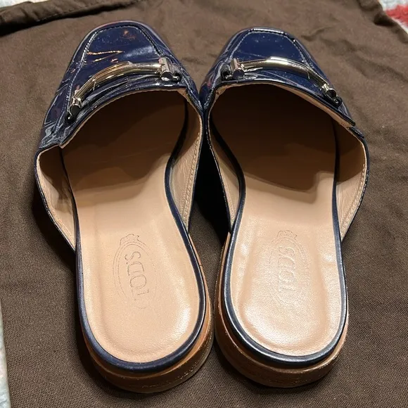 Tod's Navy Patent Leather Double T Mules