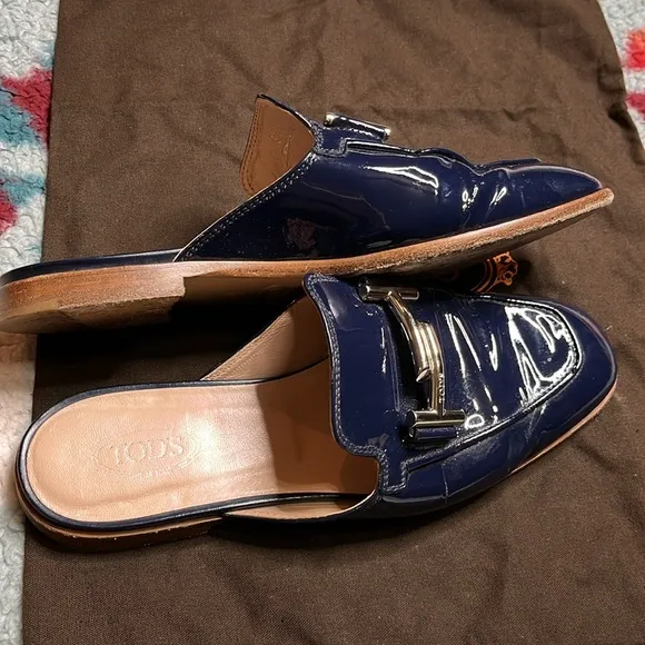 Tod's Navy Patent Leather Double T Mules