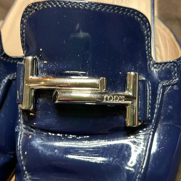 Tod's Navy Patent Leather Double T Mules
