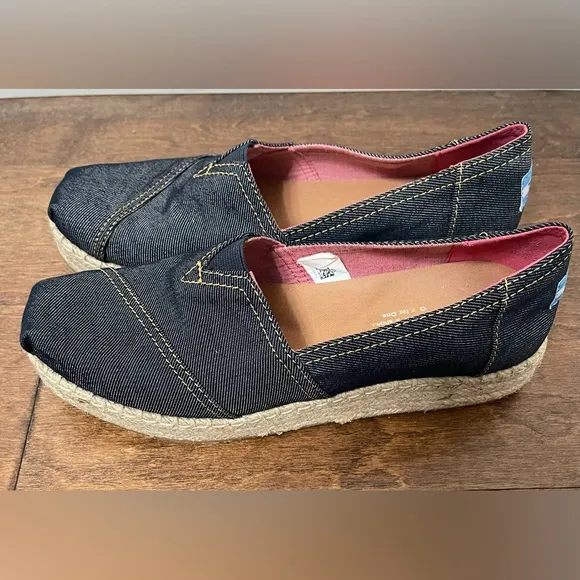 Tom’s Alpargatas Navy Denim Platform Espadrille Slip-on Shoes Size 8.5