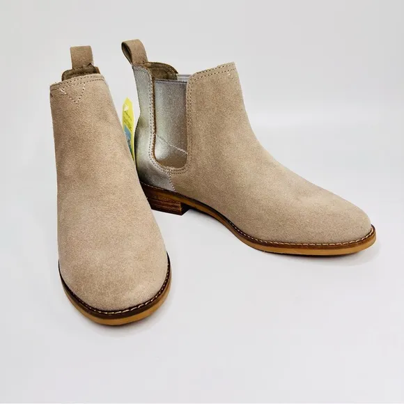 Toms Ella Desert Taupe Suede Silver Metallic Distressed Leather Ankle Bo…