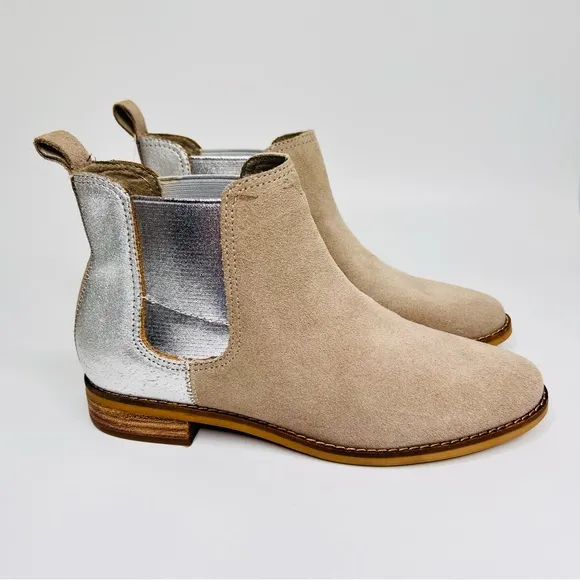 Toms Ella Desert Taupe Suede Silver Metallic Distressed Leather Ankle Bo…