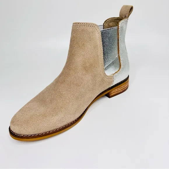 Toms Ella Desert Taupe Suede Silver Metallic Distressed Leather Ankle Bo…