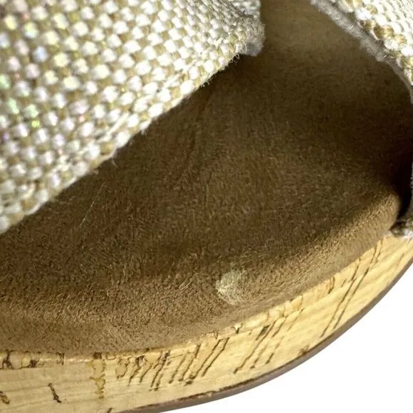 Toms Ibiza Sandal Cork Heels Platform Crisscross Straps Slingback Shiny US 8.5 W