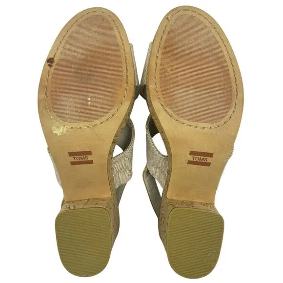 Toms Ibiza Sandal Cork Heels Platform Crisscross Straps Slingback Shiny US 8.5 W