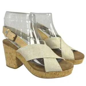 Toms Ibiza Sandal Cork Heels Platform Crisscross Straps Slingback Shiny US 8.5 W