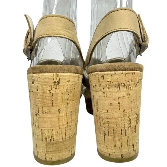 Toms Ibiza Sandal Cork Heels Platform Crisscross Straps Slingback Shiny US 8.5 W