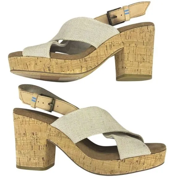 Toms Ibiza Sandal Cork Heels Platform Crisscross Straps Slingback Shiny US 8.5 W