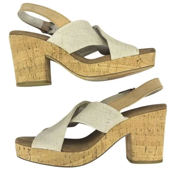 Toms Ibiza Sandal Cork Heels Platform Crisscross Straps Slingback Shiny US 8.5 W