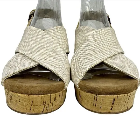Toms Ibiza Sandal Cork Heels Platform Crisscross Straps Slingback Shiny US 8.5 W