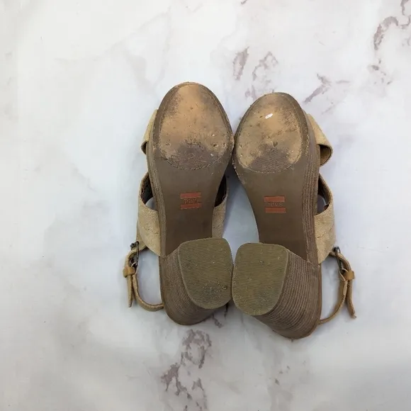 Toms Sandal Womens 9 Platform Ibiza Slingback Heels Shoe Brown Tan Suede Cross
